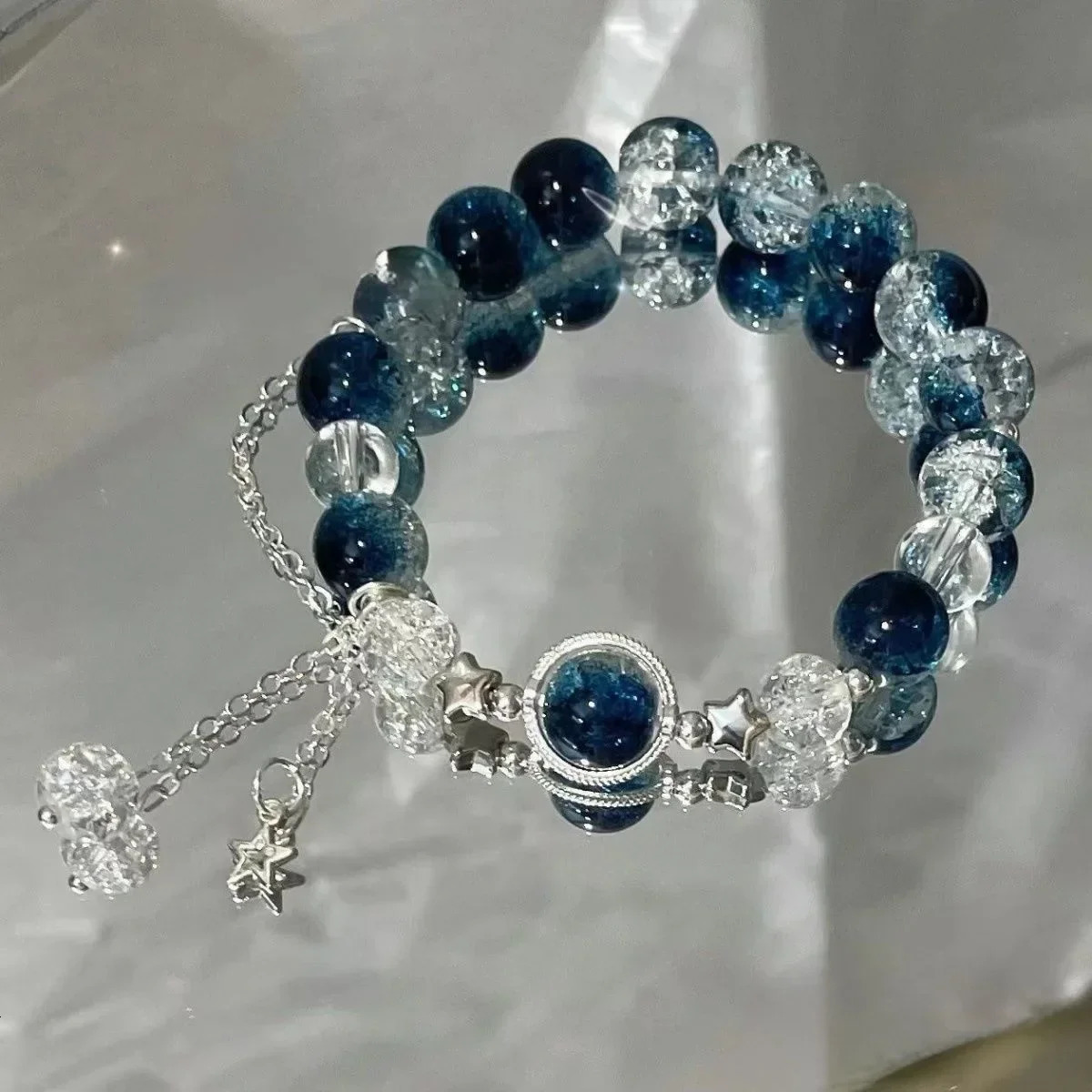 Niche Star Chain Tassel Bracelet for Women Fantasy Blue Crystal Beads Elastic Rope Bracelet Friend Jewelry Gifts 250616