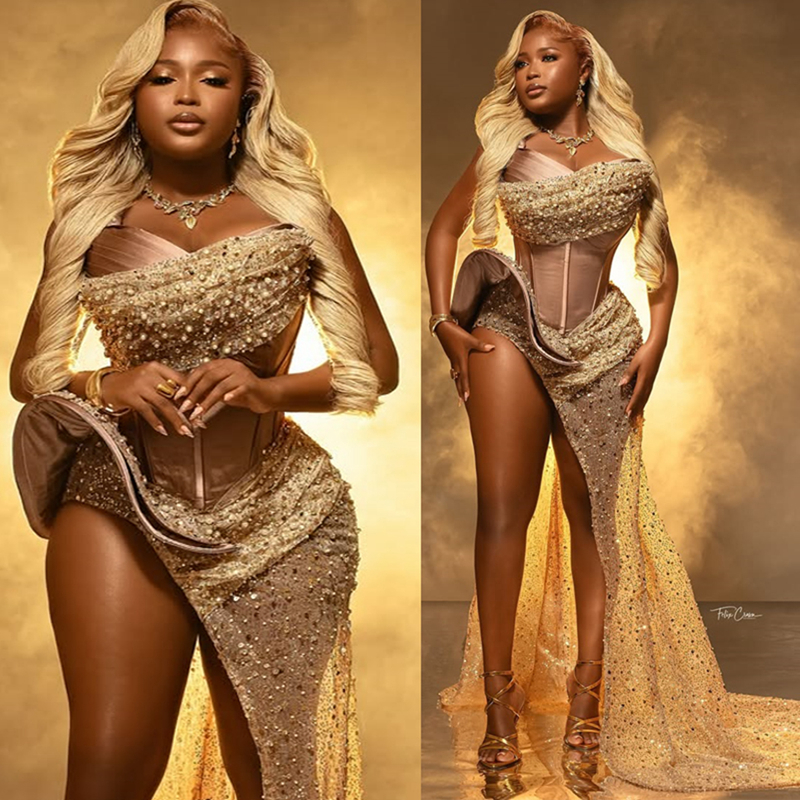 2025 Plus Size Aso Ebi Prom Dress Mermaid Prom Dresses Evening Formal Gowns One Shoulder Side Split Beaded Lace Pearls Birthday Dress Second Reception