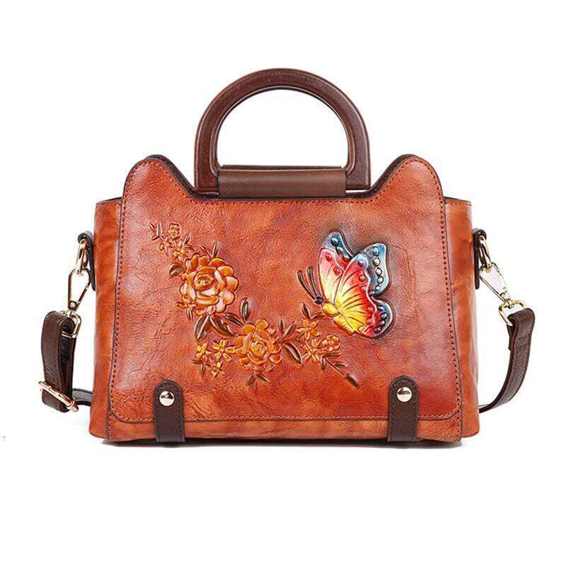 Vintage Women Genuine Tote Bag Anti-Theft Ladies Cow Leather Handbag Floral Female Cowhide Shoulder Or Crossbody Bags
