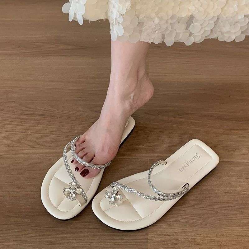 Women's flat bottomed rhinestone shoes summer outdoor new women's sandals designer sandals beach soft soled women's slippers