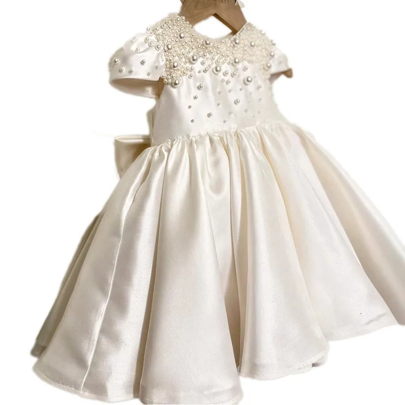 Baby Kids Princess Satin Pearls Bow Flower Girl Dress Children First Communion Dress Ball Gown Wedding Party Dress Birthday 250617