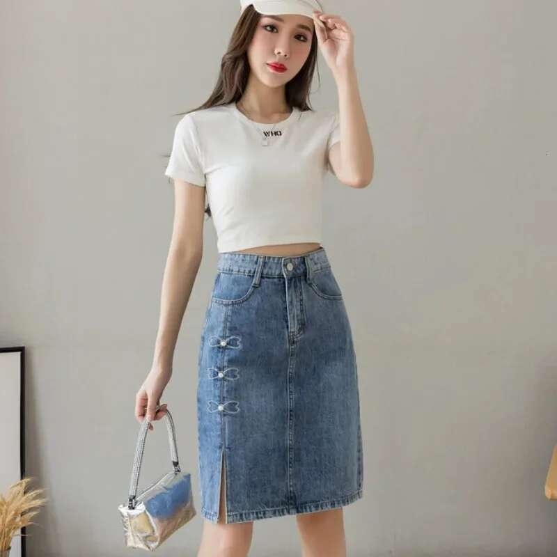 Kawaii with Pocket Cute Slit Womens Denim Skirt Midi Female Jeans Skirts Chubby Chic and Elegant A Line Clothing Sales V Modest