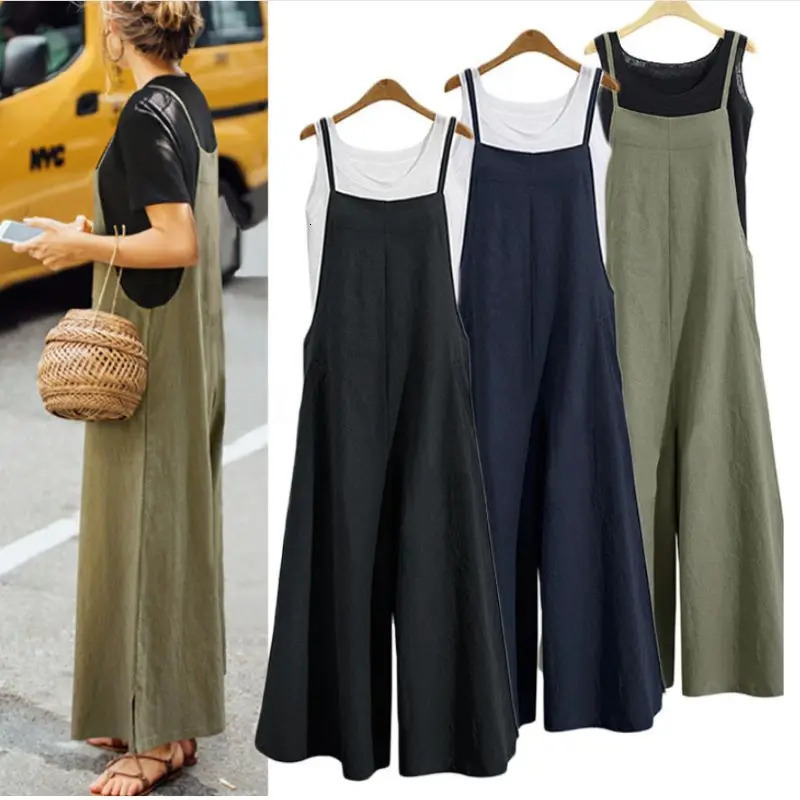Womens Summer Sleeveless Jumpsuit Solid Color Wide Leg Bib Overalls Casual Loose Cotton Linen Straps Dungaree 250616