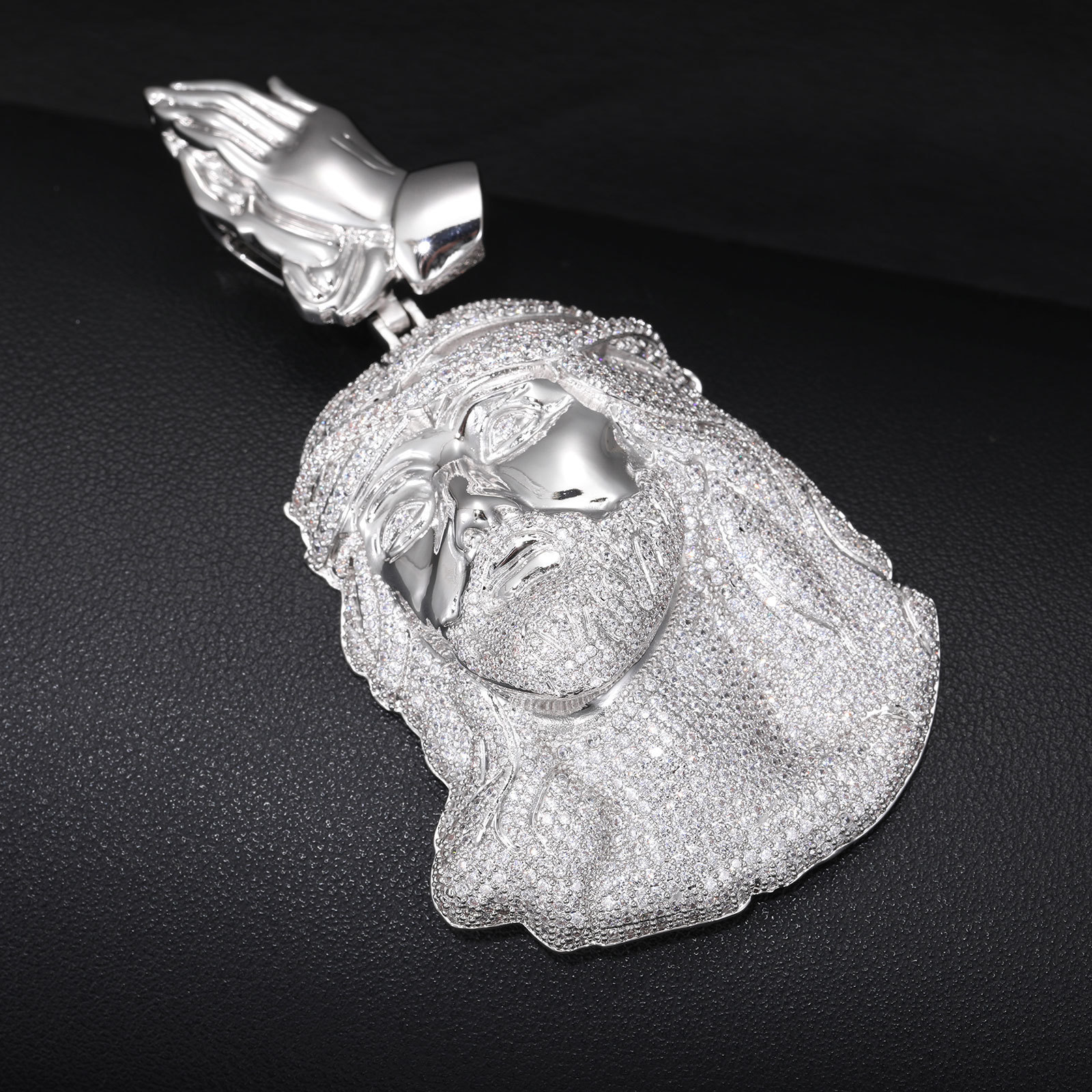 Hip Hop Praying Hands Jesus Face Pendant Necklace 5A Zircon Religious Jewelry