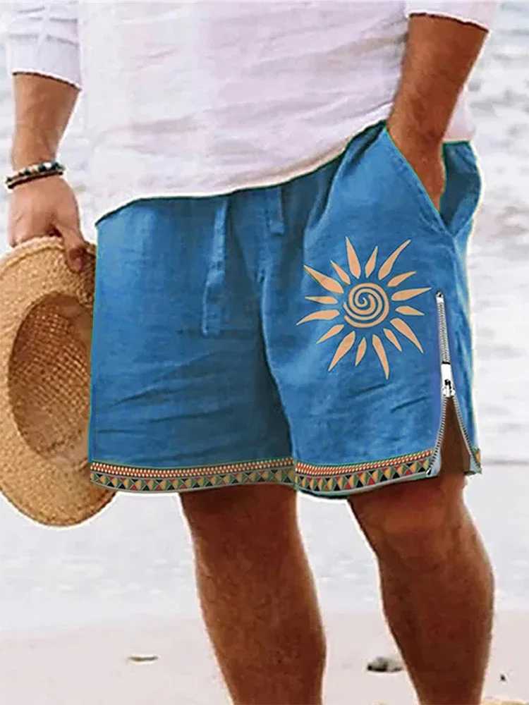 Vintage Zip-up Side Split Shorts Mens Summer Beach Casual Loose Drawstring Men Cotton Linen Shorts Fashion Pattern Print Shorts Z250617