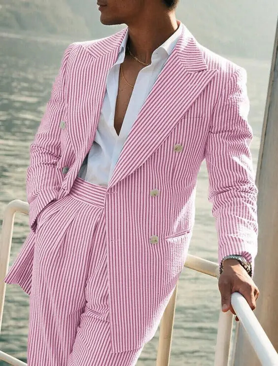 Fashion Casual Green Mens Seersucker Suits Spring Summer Beach Wedding Suits 2 Pieces Set Blazer Pant Pinstripe Male Suit 250617