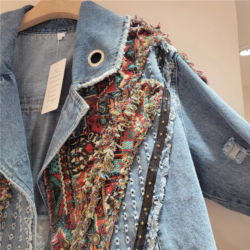 Women Spring Autumn Ethnic Geometry Floral Pattern Embroidered Suits Collar Denim Jacket Rivets Jeans Coat Cowboy Cardigan Tops 250613