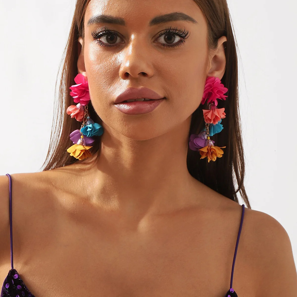 Exaggerated Boho Colorful Cloth Simulation Flowers Tassel Drop DangLe Earrings for Women Floral Eye-catching Statement Jewelry 250610