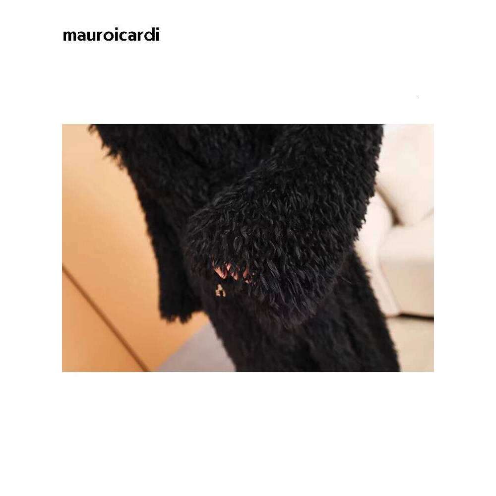Mauroicardi Winter Extra Long Oversized Black Shaggy Hairy Fluffy Warm Thick Soft Maxi Fuzzy Faux Mongolian Lamb Fur Coat Women