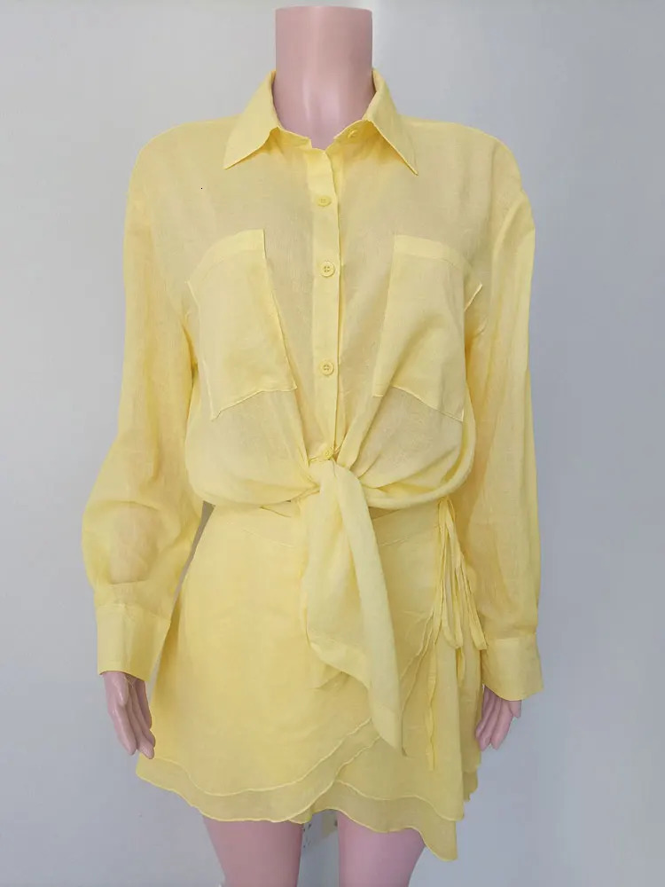 Tossy Casual 2 Piece-Set Summer Female Cover up And Ruffled Mini Skirt Lace-Up Beach Holiday See-Through Loose Womens Outfits 250614