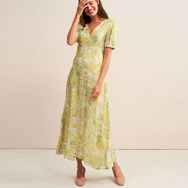 Women Designer Clothing Luxury Dress Devise Long Dress N094 Wanwan Same Style Fresh Small Floral Dress Rayon Short Sleeve V-neck Mid-length Loose Sati