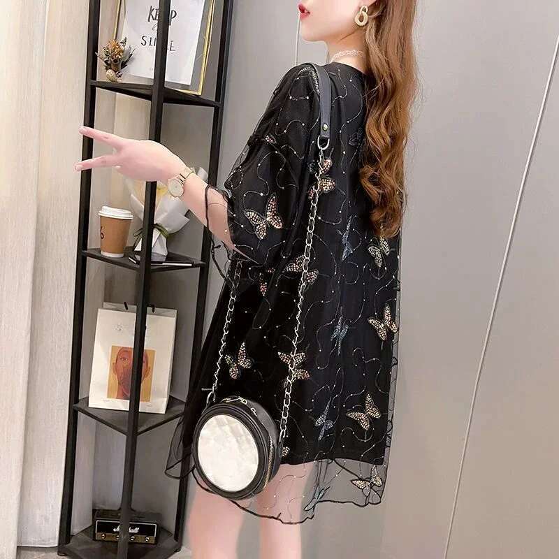 Lace Womens T-shirt Mesh Female Top Aesthetic Clothing Korean Popular Clothes Streetwear Pulovers Youthful 2025 High Quality