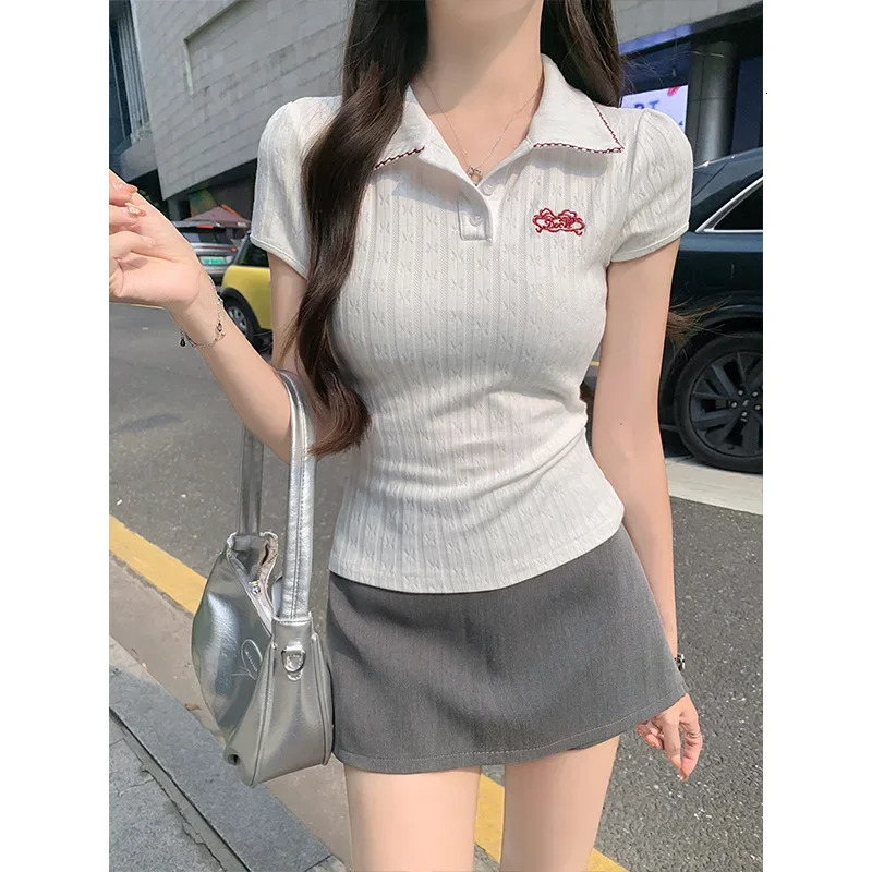 Slim Fit Short Sleeve Polo Neck T-Shirt Womens Summer Fashion College Style Korean Shoulder Width Regular Length 250616