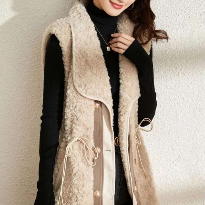 Drawstring Womens Lamb Plush Vests Loose New Outerwear Demi-season Elegant Autumn Lady Giletes Classic Sleeveless Warm Pretty