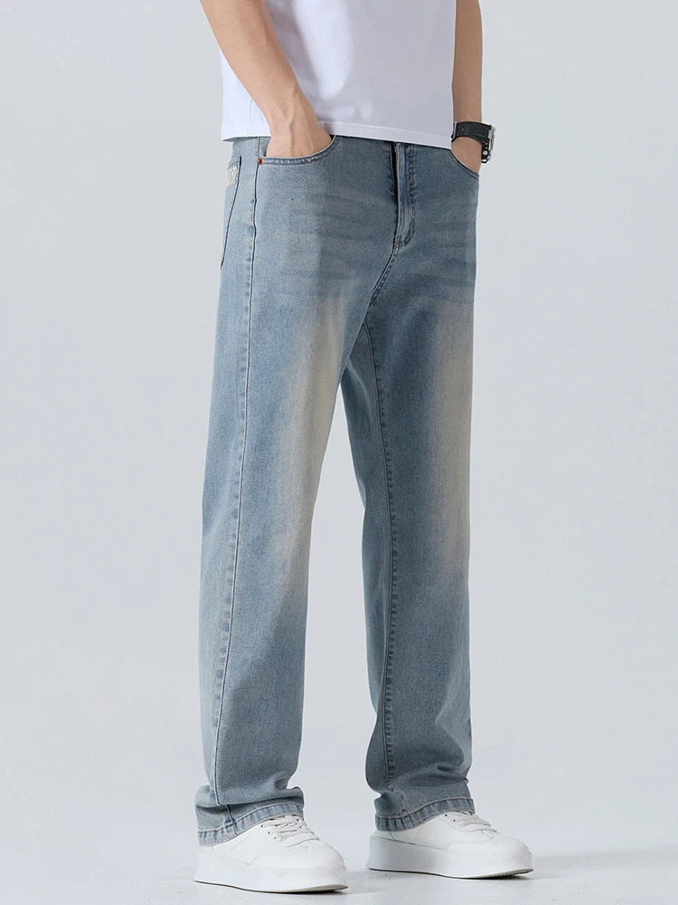 Summer Thin Mens Printed Jeans Breathable Fashion Business Loose Pants Washing Vintage Casual Denim Trousers Male 250616