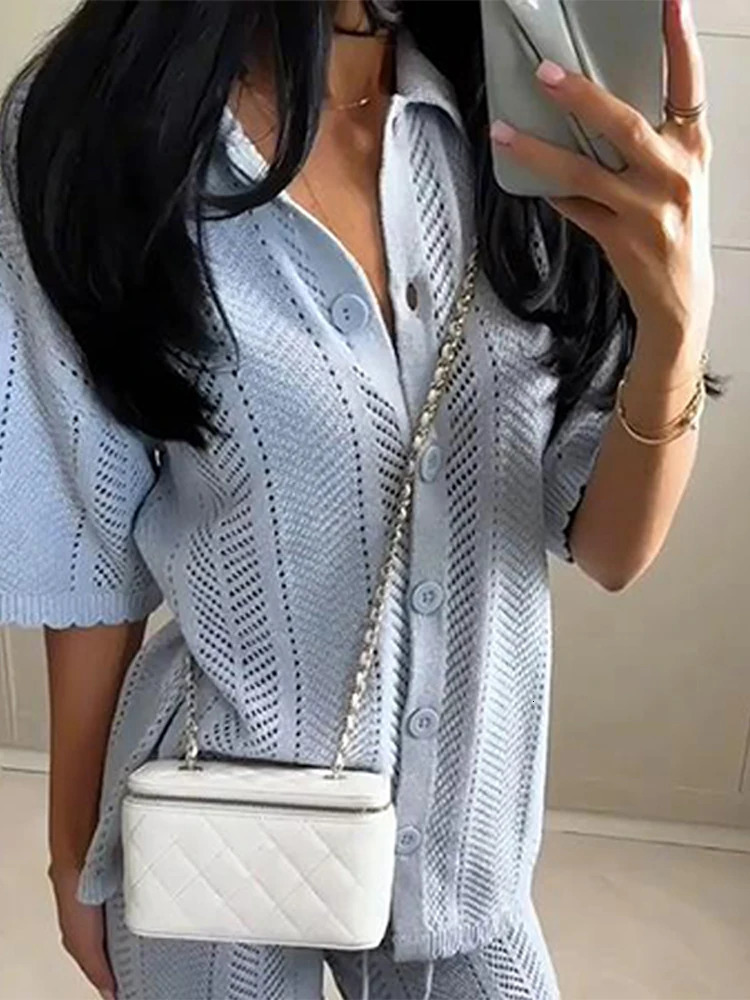 Casual Knit Pants Suits Women Lapel Short Sleeves Hollow Out Single Breasted Outfits Female 2025 Summer Elastic Waist Sets Lady 250616