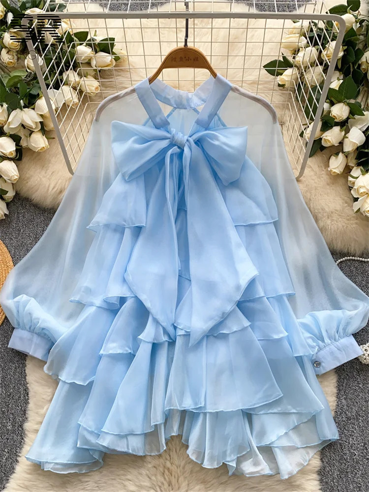 SINGREINY Summer Ruffles Sweet Blouse Women Lantern Sleeves Bow Solid Shirts Female French Party Vintage Chiffon Tops 250617