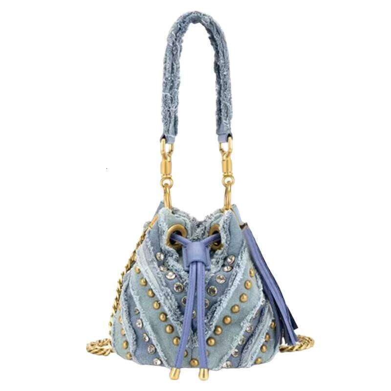 Niche Design Rivet Quilted Denim Drawstring Single Shoulder Bucket New Trendy Women s Bag