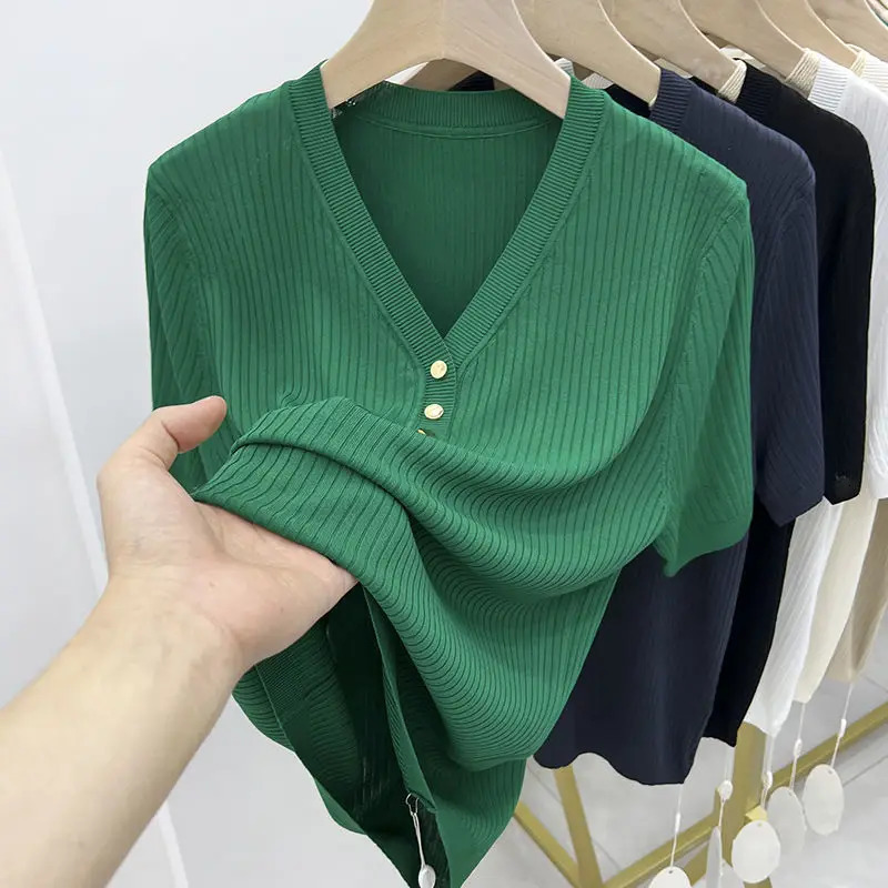Womens Ice Silk Short Sleeves V Collar Knitting Wild Elastic T-Shirt Loose High Street Thread Thin Buttons Short Sleeve T-shirt 250614