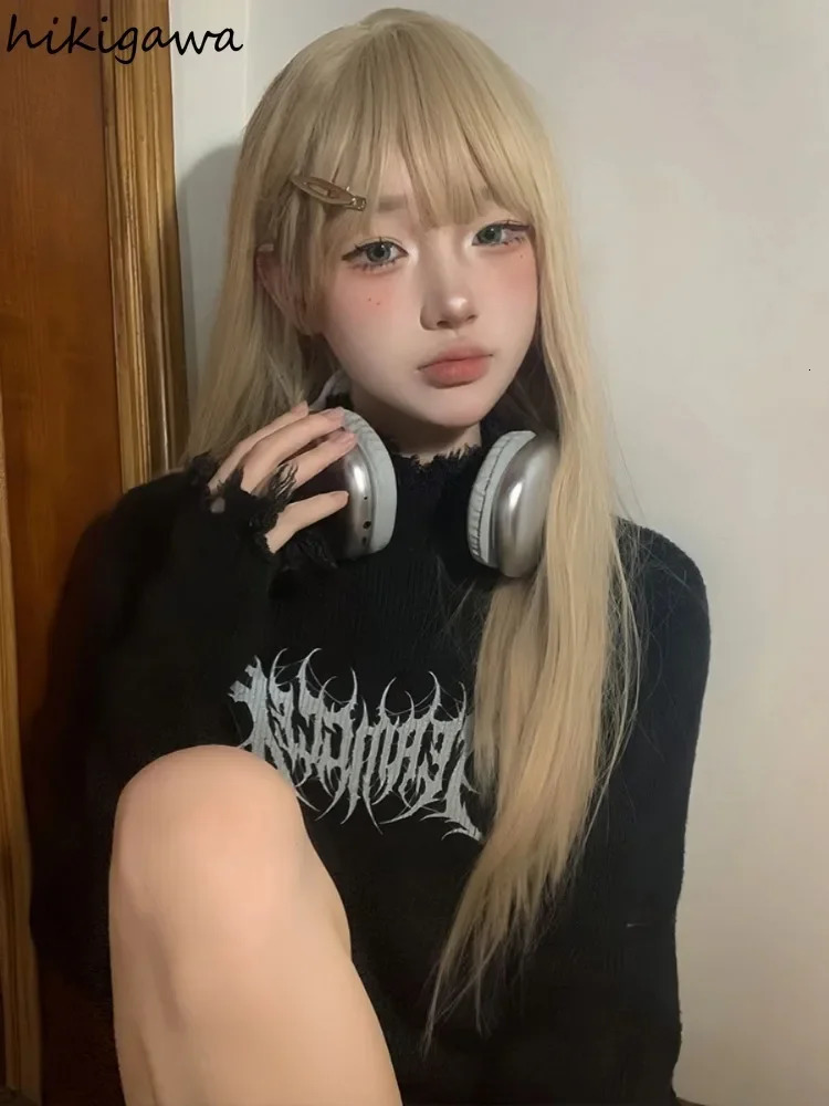 Punk Print Women Sweater O-neck Casual Fashion Jumper Pull Femme Streetwear Hole Tassel Knitted Y2k Pullovers Tops Sueter Mujer 250614