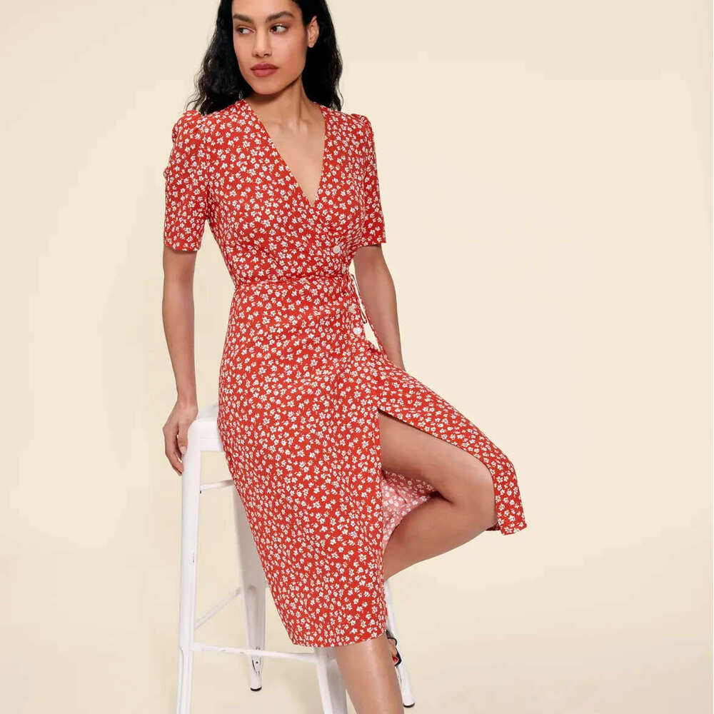 Dresses for Woman Party June Sexy Vestido De Mujer 114 # Summer New 2025 Floral V-neck Short Sleeve Mid-length French Tea Break Wrap Dress with Straps