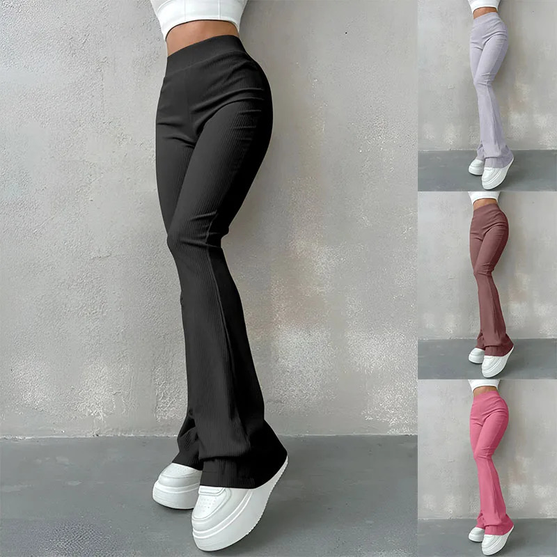 Womens Sexy Slim Pants Ribbed Solid Color Pants High Waisted Flared Pants Showing Longer Legs All-match Sports Long Pants 250616