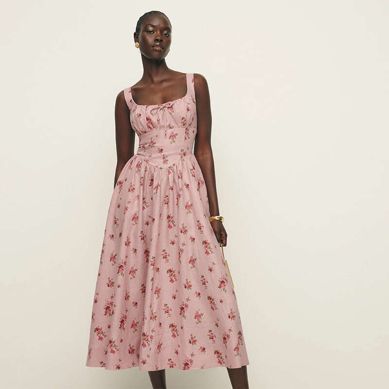 Designer Dresses for Women Whitedress Buttock 789 Summer New 2025 Linen Pink Square Neck Mid-length Vacation Dress French Style Women