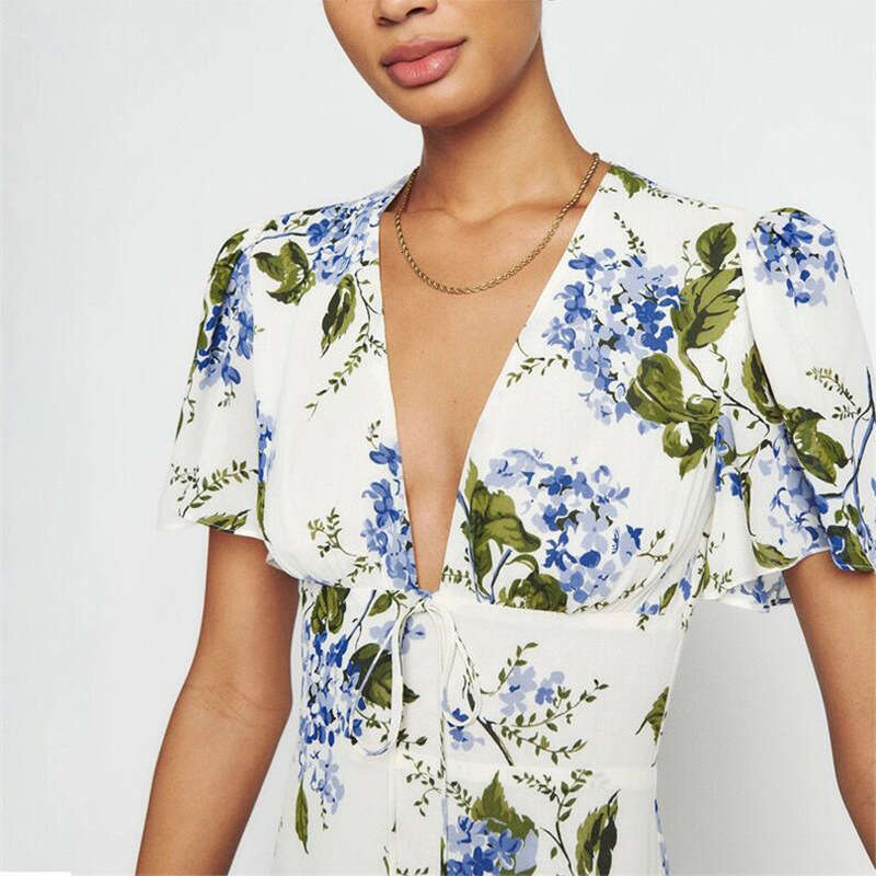 Summer Dresses for Women Dress Devise Womandress N684#summer 2025 Floral Deep V-neck Flare Sleeve Short Dress Sexy French Style Womens Fashion