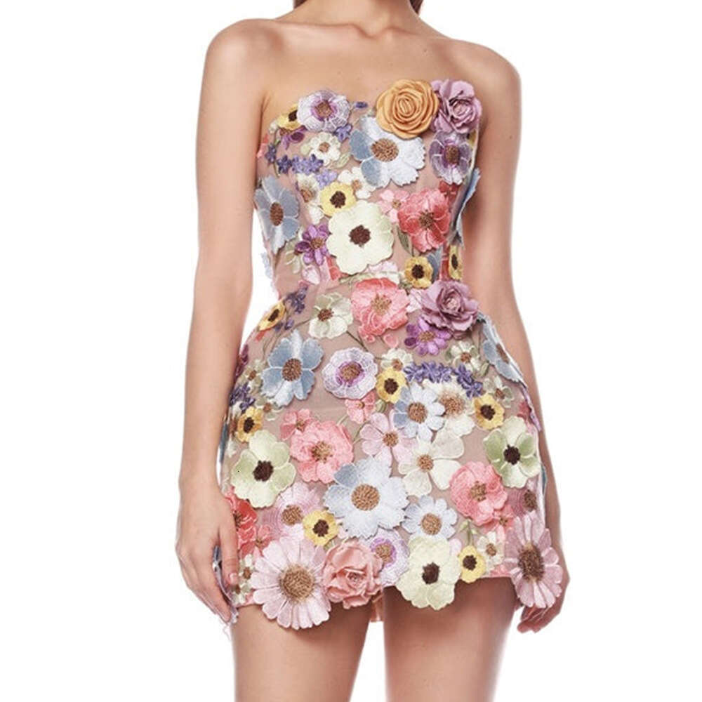 High-end Women's New Sexy Slim Fit Strapless with Floral Decoration A-line Dress for Banquet Evening Gown