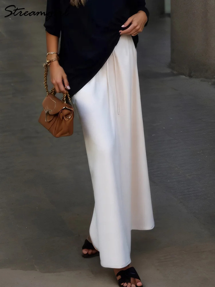 Long Black Satin Skirts For Women 2025 Spring Summer Straight Maxi Green Skirt Elegant Beige Women Satin Silk Skirts Long Brown 250614