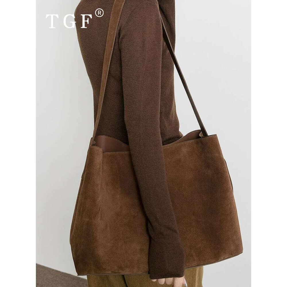 High End Melard Coffee Color Commuter Tote for Women New Suede Single Shoulder Crossbody Bucket Bag