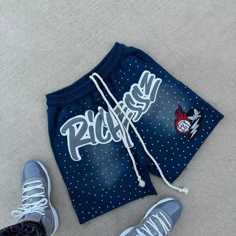 Y2K Harajuku Mens Shorts Rhinestone Letter-printed Sweatpants Fashion Quick-drying and Downhill Casual Motorcycle Shorts Z250617