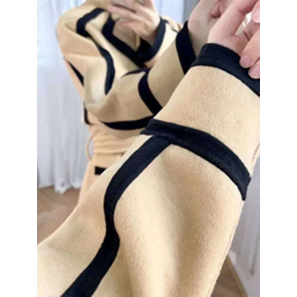 Fall Winter Women Color Patchwork Coat Double-sided Woolen Lace-up Temperament Female Stand Collar Jacket