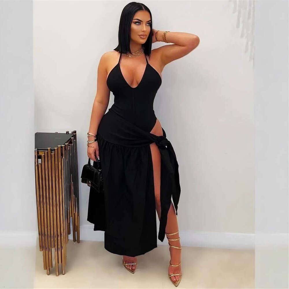 New Fashion Solid Color Slim Fit Sexy Deep V Tie Backless Split Long Strap Dress For Women B5