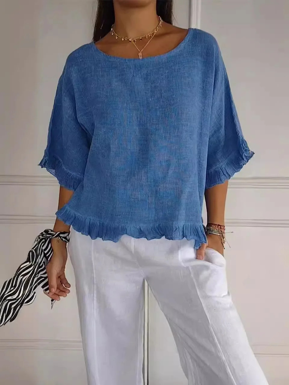 Cotton Blouse Shirts Summer O-Neck Short Sleeve Loose Casual Linen Blouse Tops Summer Cothes For Women Streetwear Blusa 250614