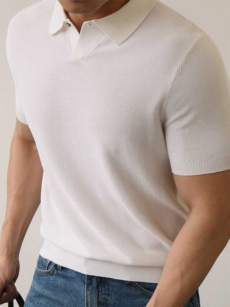Stylish Solid Color Slim Fit Mens Knit Polo Shirt Summer Vintage Polo Neck Buttoned Tops For Men Daily Casual Short Sleeve Polos XJ250617
