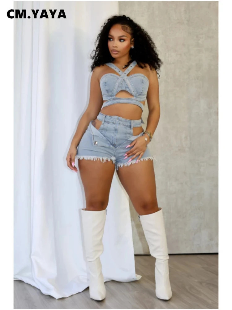 CM.YAYA Fashion Denim Cutout Womens Set Wrap Strap Crop Top and Shorts Jeans 2025 Summer Two 2 Piece Sets Outfits Tracksuit 250614