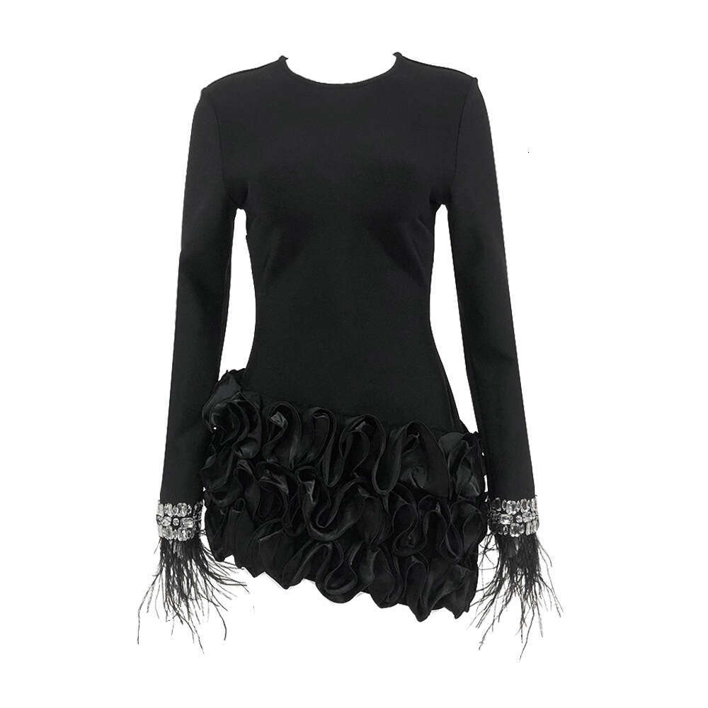 Autumn Winter New French Hepburn Style Layered Ruffle Irregular Long Sleeve Black Bandage Dress
