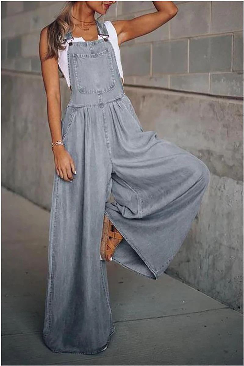 Fitshinling Casual Oversized Loose Denim Rompers Jumpsuit Women Fashion Solid Sleeveless Jeans Playsuits Long Overalls Female 250616