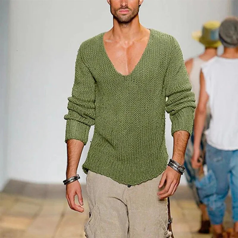 Mens Sweater Long Sleeved V-neck Loose Fashionable and Casual Solid Color Knitted Pullover Mens Clothing 250616