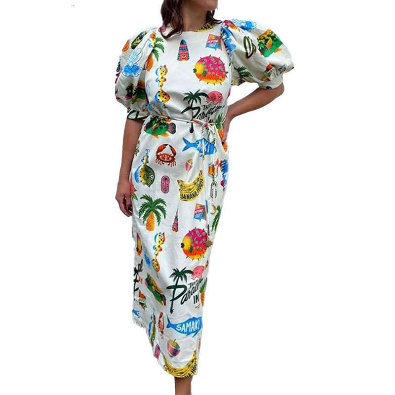 Winter Elegant Women's Print Puff Sleeve Slit Waist Tie Casual Dress B5