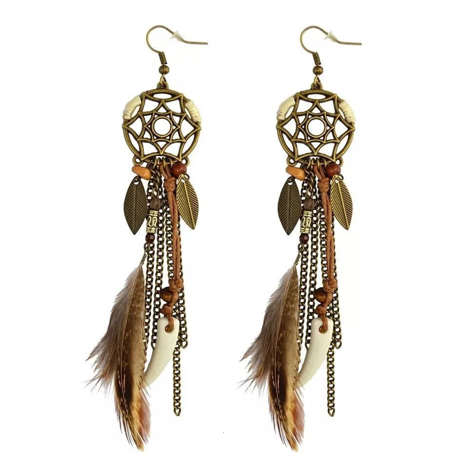 Boho Tribal Ethnic Vintage Dream Catcher Feather Leaf Long Tassel Dangling Earrings Women Vacation Jewelry 250610