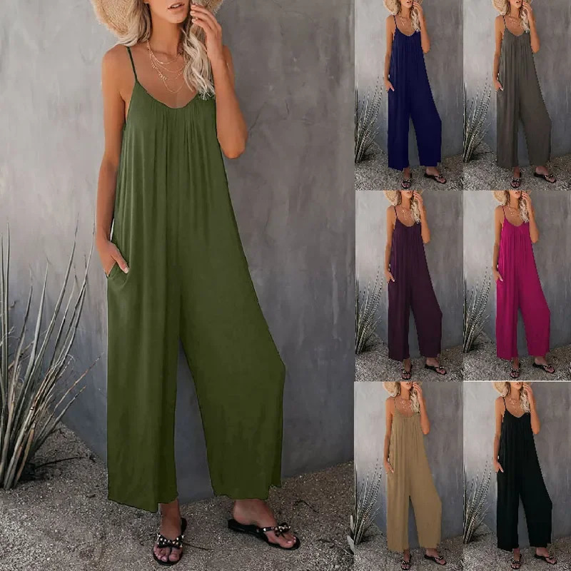 European and American Suspender Womens Summer Foreign Trade Tolid Color Pocket Casual Jumpsuit 250616