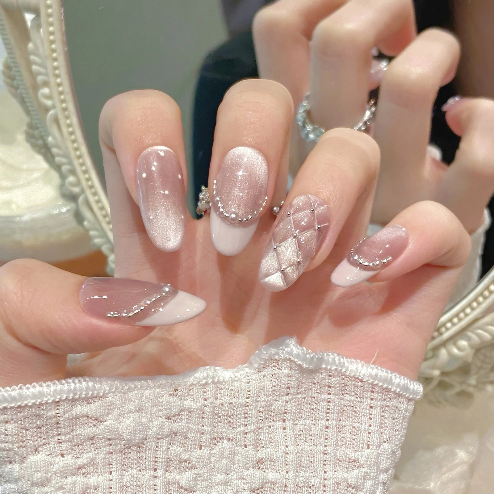 10pcs Handmade Press on Nails Diamond French Pearl Powder Cats Eye Bow False Nail for Women Girl Removable Wearable Nail Art 250612