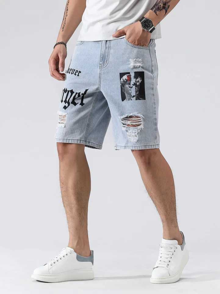 Men Summer Stretchy Denim Shorts Jeans For Men Streetwear Letter Ripped Knee length Baggy Comfort Cargo Casual Shorts Pants Jean Z250617