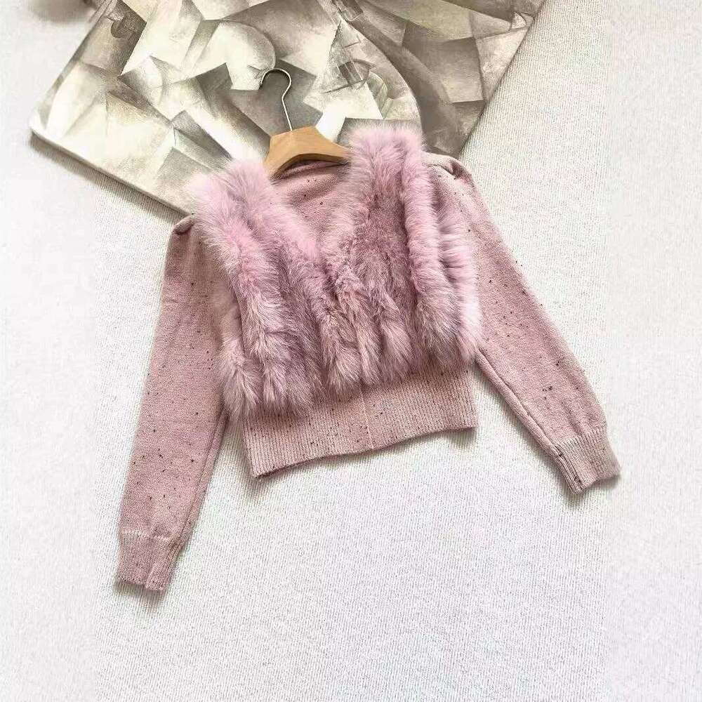 2024 Women Knitted Sweater Coat With Real Fox Fur Loose Long Sleeve V-neck Cardigan Jacket Female Warm Outwear
