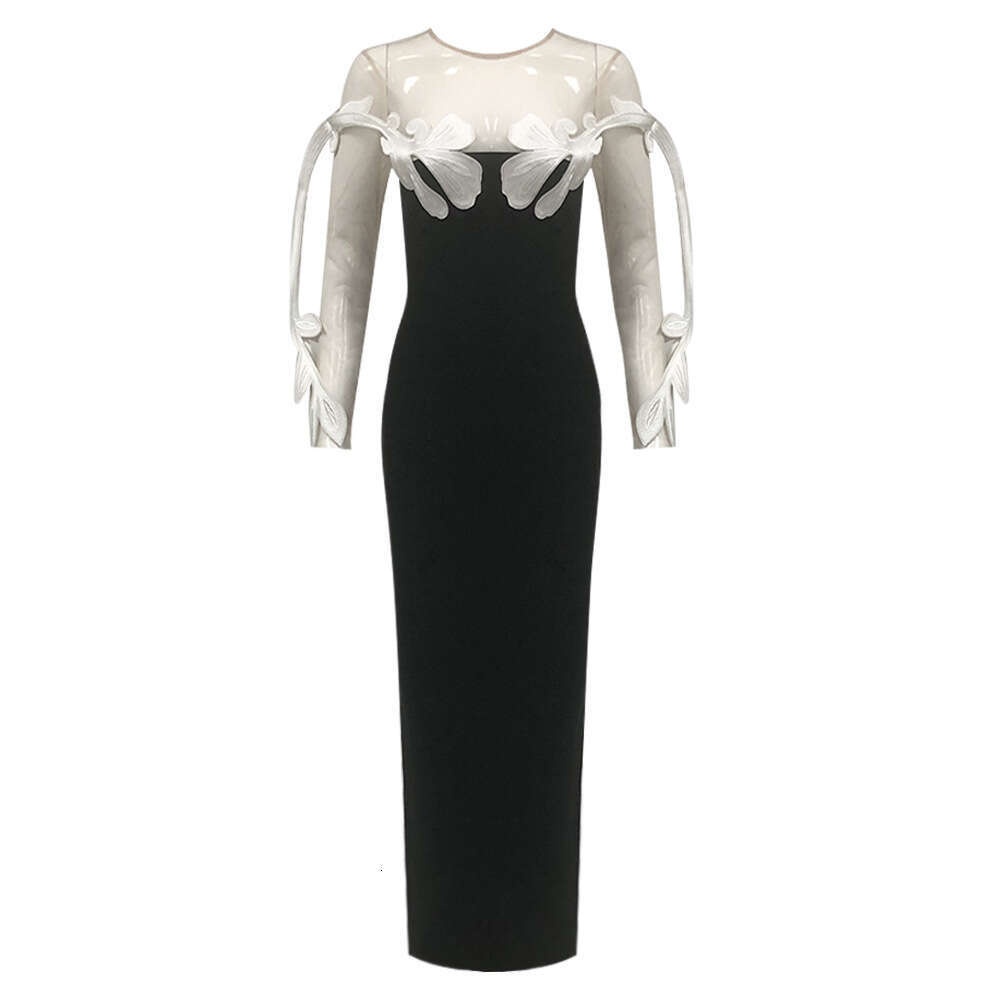 Winter New Fashion Slimming Floral Round Neck Dress Sexy Long Bandage Gown for Women