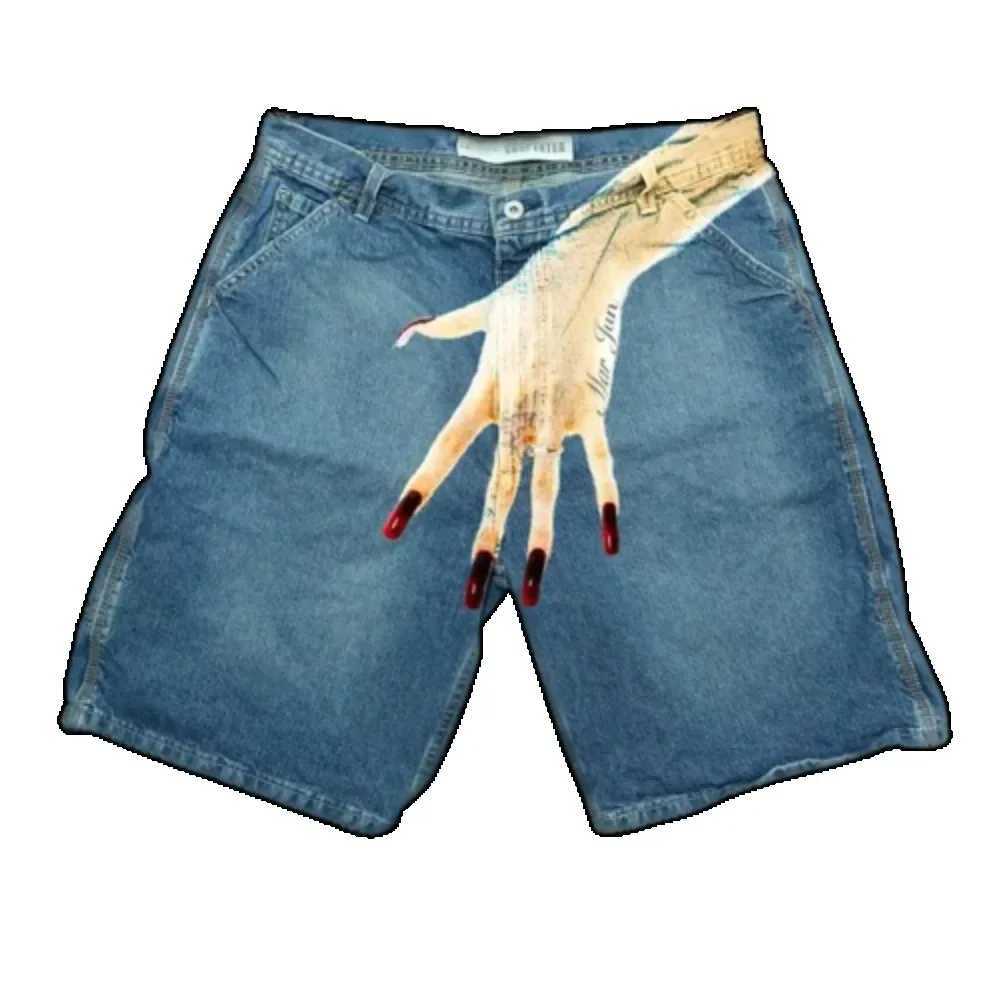 Y2K Baggy Denim Shorts Harajuku Blue vintage Finger Print Hip Hop Summer New Men Women Gothic Men Basketball Shorts Streetwear Z250617