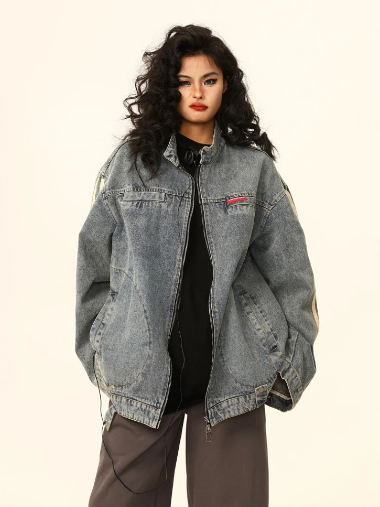 American Streetwear Denim Jackets Casual Loose Zipper Pockets Stand Neck Solid Color Coats Vintage All Match Women Clothing 250613