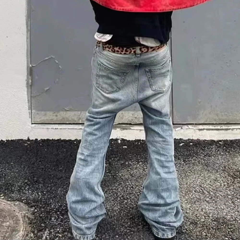 Harajuku Streetwear Washed Vintage Solid Jeans Mens Y2K Straight Baggy Flare Pants Unisex Oversized Casual Denim Trousers 250616